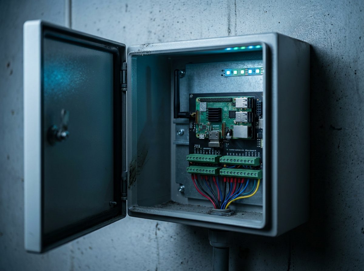 Armario el&eacute;ctrico industrial abierto con una placa de control y regletas cableadas.