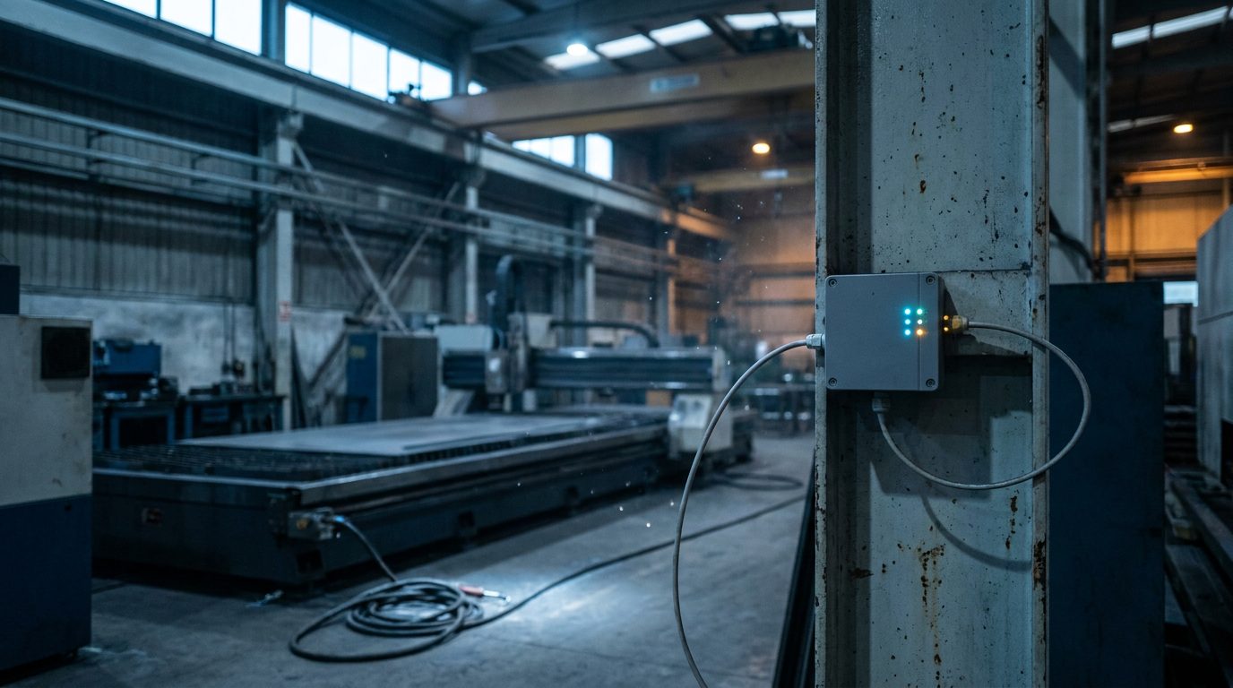 Interior de una nave metalmec&aacute;nica en penumbra con una mesa de corte y un peque&ntilde;o armario de sensores con LEDs encendidos en primer plano.