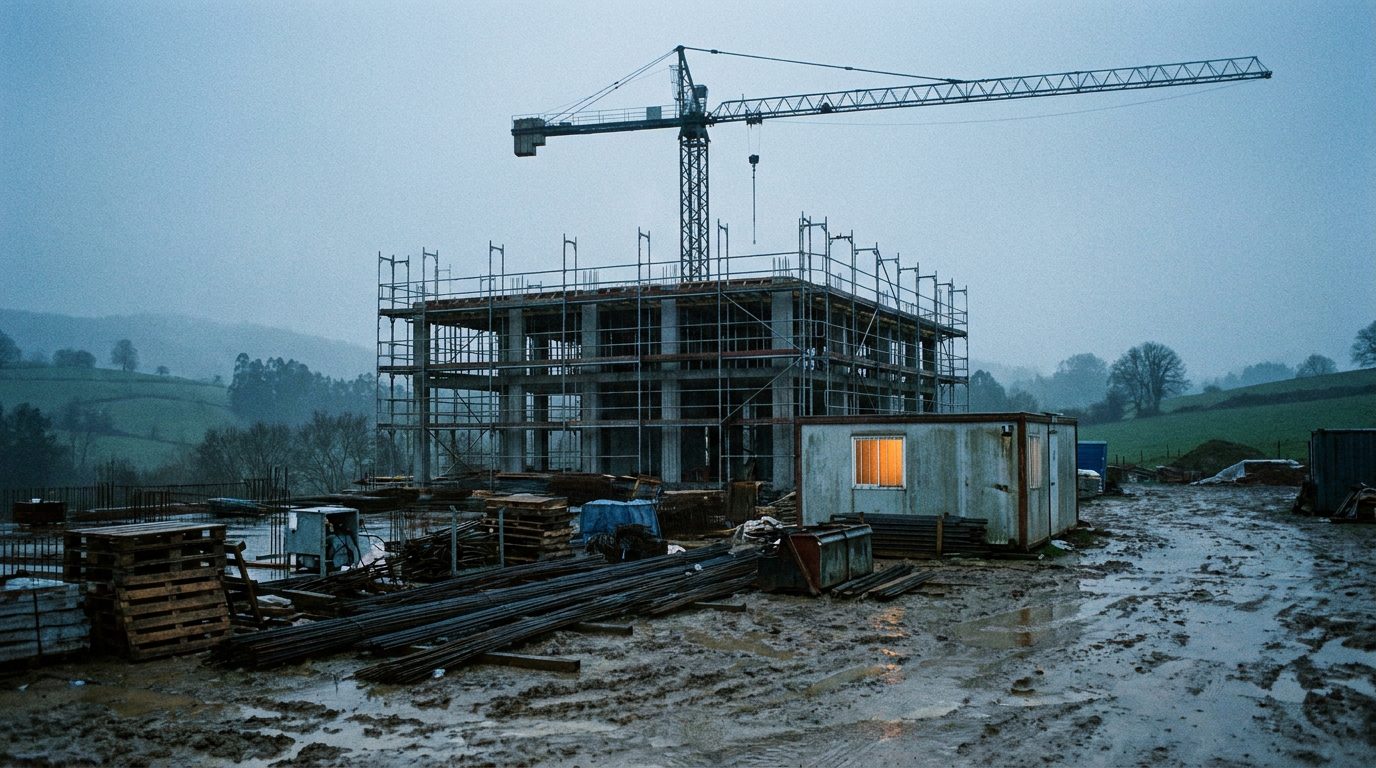 Obra en construcci&oacute;n al amanecer con gr&uacute;a torre y caseta iluminada bajo la lluvia.