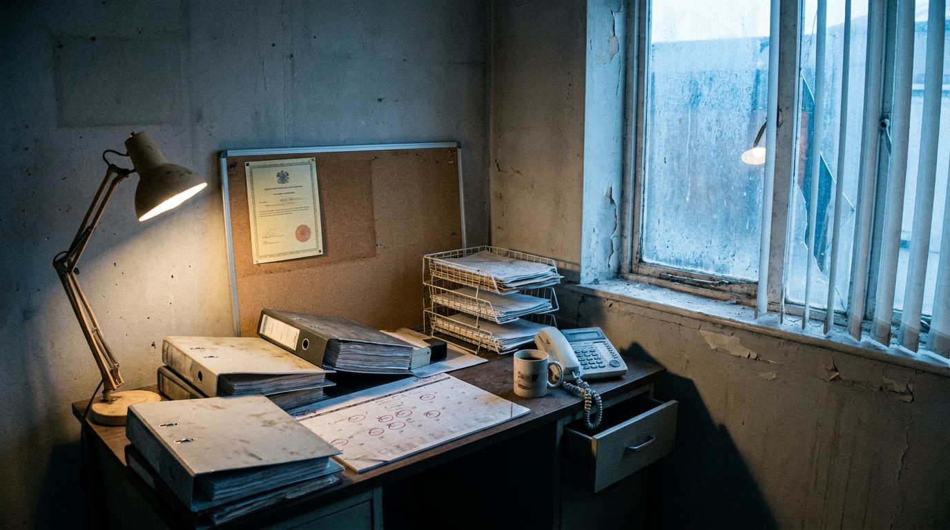 Peque&ntilde;a oficina industrial con archivadores, un calendario de pared con d&iacute;as marcados en rojo y un certificado en el corcho.