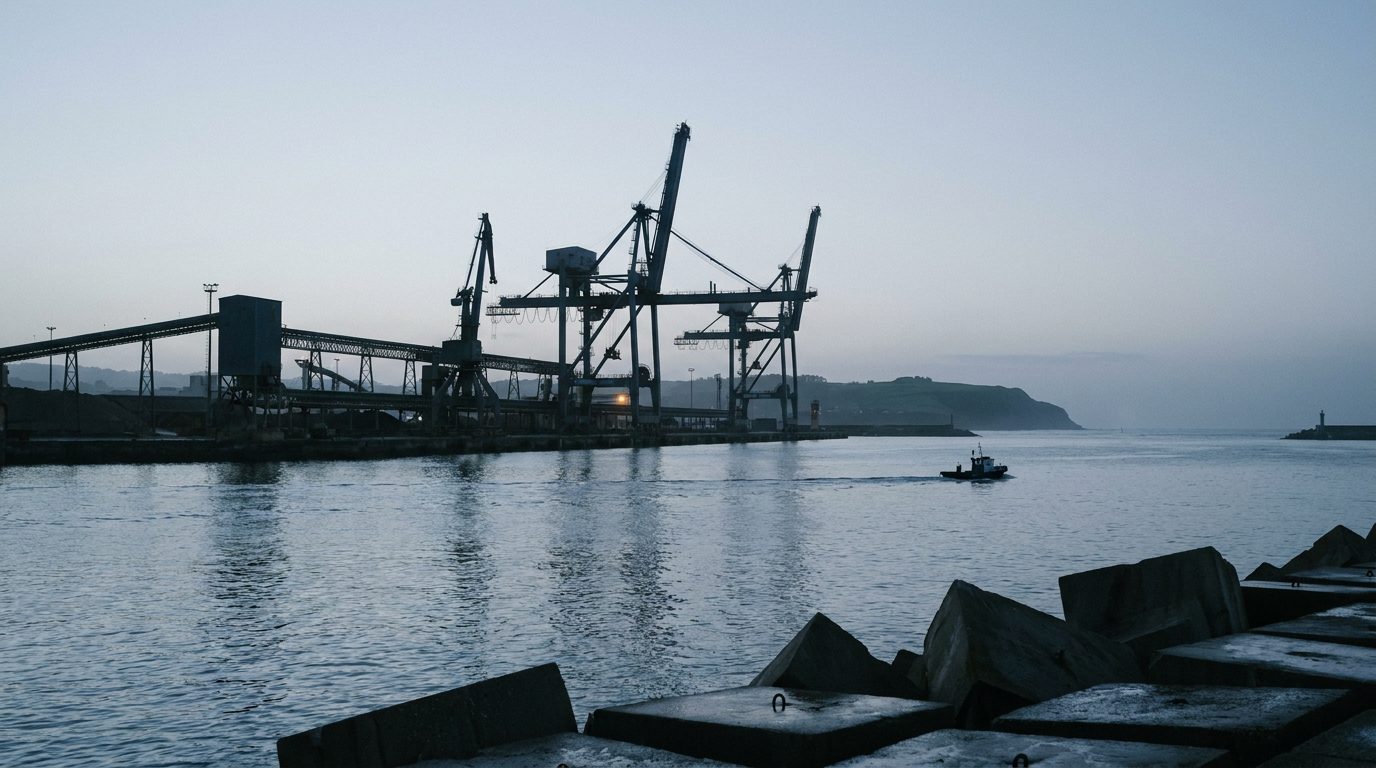 Puerto industrial de Gij&oacute;n al amanecer con gr&uacute;as portacontenedores en silueta y un remolcador cruzando.