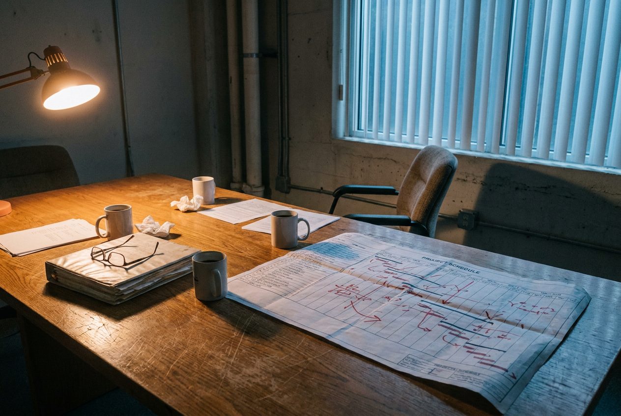 Sala de reuniones vac&iacute;a al anochecer con un planning de obra desplegado sobre la mesa, cubierto de correcciones en rotulador rojo.